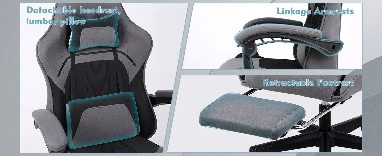 Chulovs Gaming Chair, Computer Chair with Footrest and Lumbar Support, Height Adjustable Game Chair with 360°-Swivel Seat and He