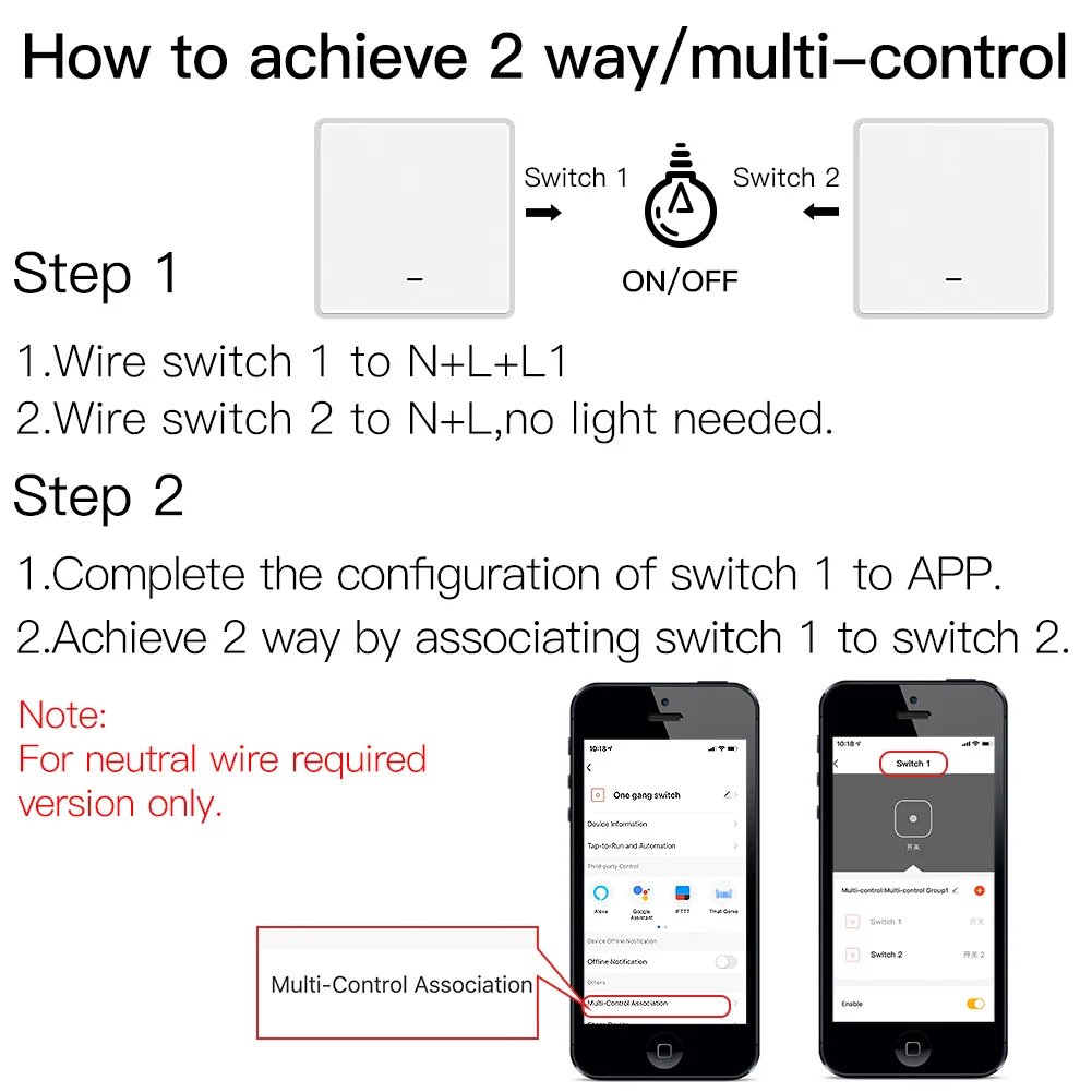 MOES Tuya ZigBee Smart Light Switch No Neutral Wire No Capacitor Needed Smart Life 2/3 Way Works with Alexa Google Home 2mqtt
