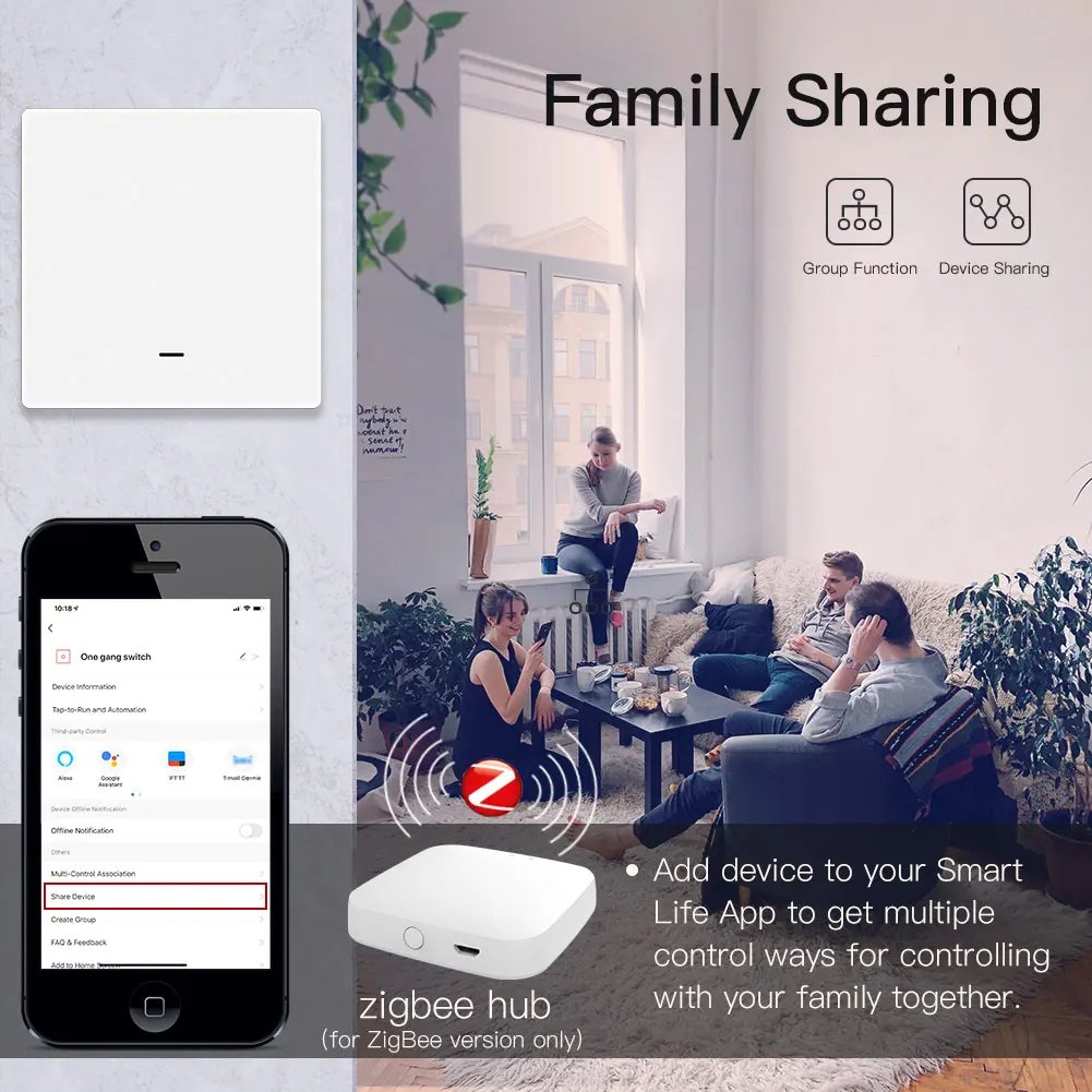 MOES Tuya ZigBee Smart Light Switch No Neutral Wire No Capacitor Needed Smart Life 2/3 Way Works with Alexa Google Home 2mqtt