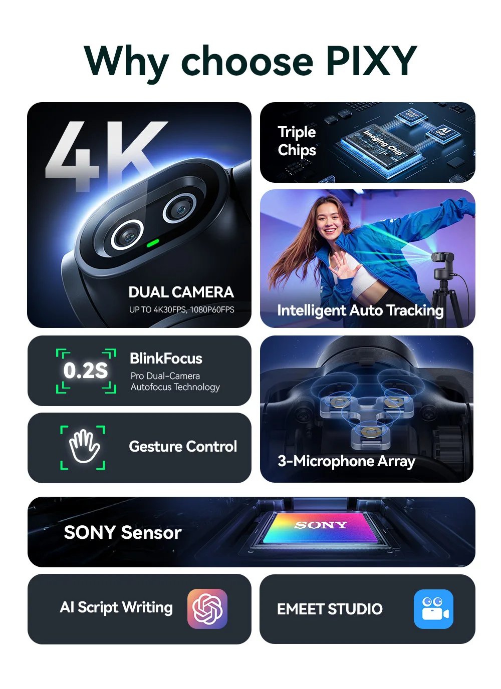 4K Webcam PTZ Web Camera Gesture Control Autofocus AI Tracking Video Camera for Streaming EMEET PIXY Dual-Camera With SonySensor 4K Webcam PTZ Web Camera Gesture Control Autofocus AI Tracking Video Camera for Streaming EMEET PIXY Dual-Camera With SonySensor
