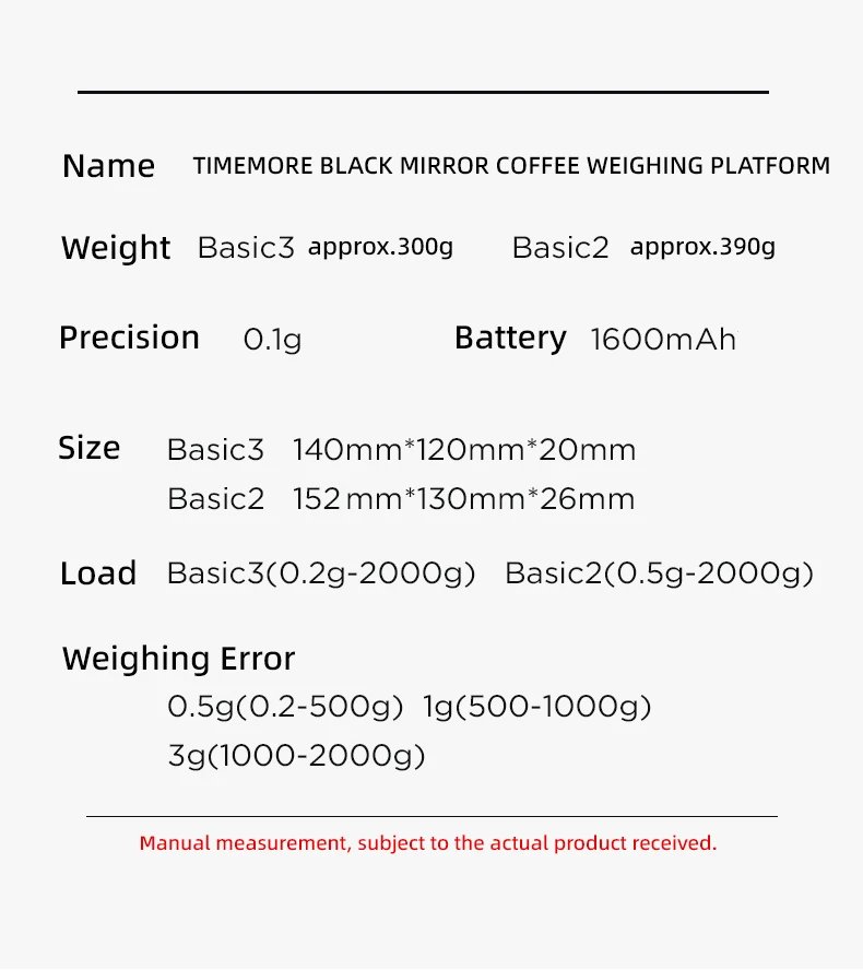TIMEMORE Basic 3 Black Mirror Pour Over Coffee Scale Espresso Scale,Flow Rate, Auto Timer,Ratio, 3 Brewing Modes, 2kg Capacity TIMEMORE Basic 3 Black Mirror Pour Over Coffee Scale Espresso Scale,Flow Rate, Auto Timer,Ratio, 3 Brewing Modes, 2kg Capacity