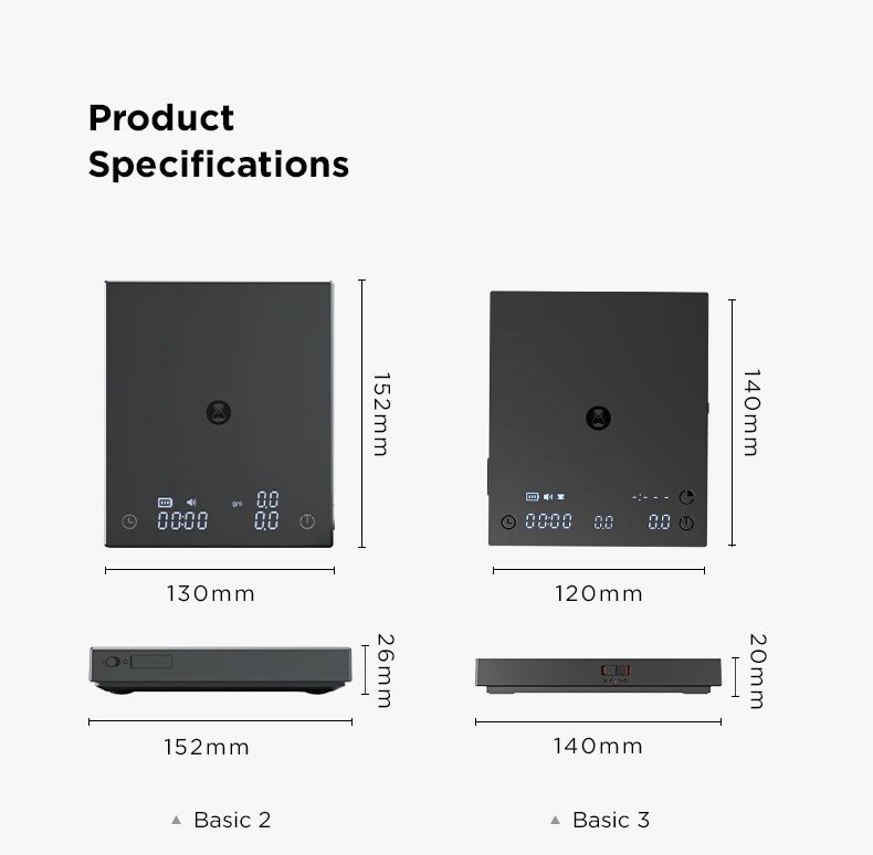 TIMEMORE Basic 3 Black Mirror Pour Over Coffee Scale Espresso Scale,Flow Rate, Auto Timer,Ratio, 3 Brewing Modes, 2kg Capacity TIMEMORE Basic 3 Black Mirror Pour Over Coffee Scale Espresso Scale,Flow Rate, Auto Timer,Ratio, 3 Brewing Modes, 2kg Capacity
