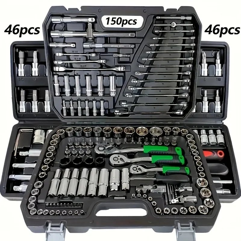 150/46Pcs Premium Heavy Duty CR-V Socket Wrench Ratchet Set, Multifunctional Auto Mechanical Repair Tool Kit with Storage Case